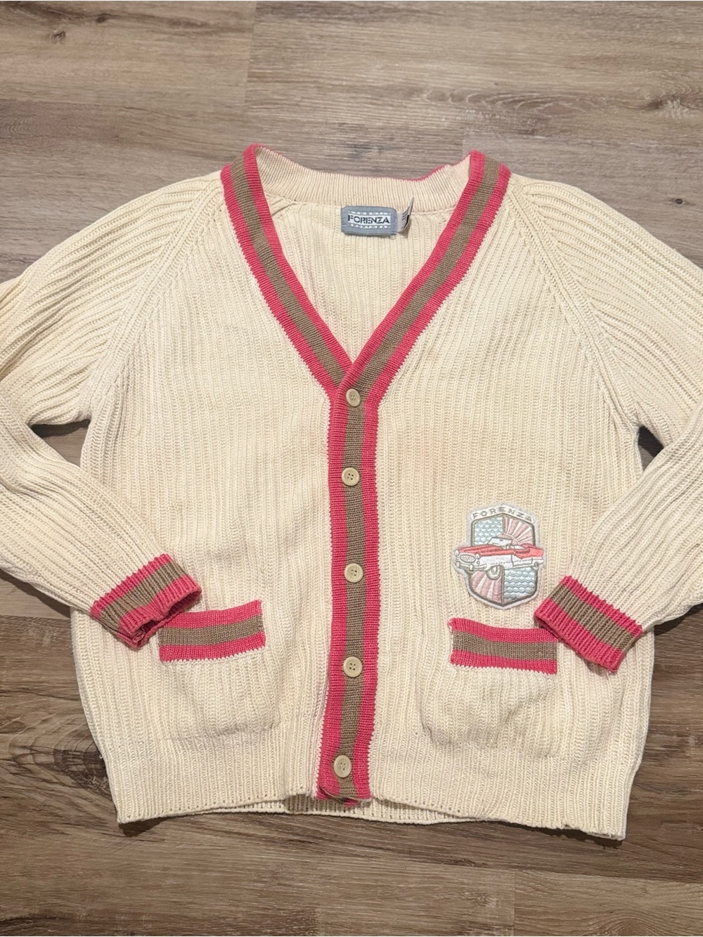 Vintage 80s Forenza Sportwear Womens Med Ivory Pink Heavy Knit Cardigan Sweater